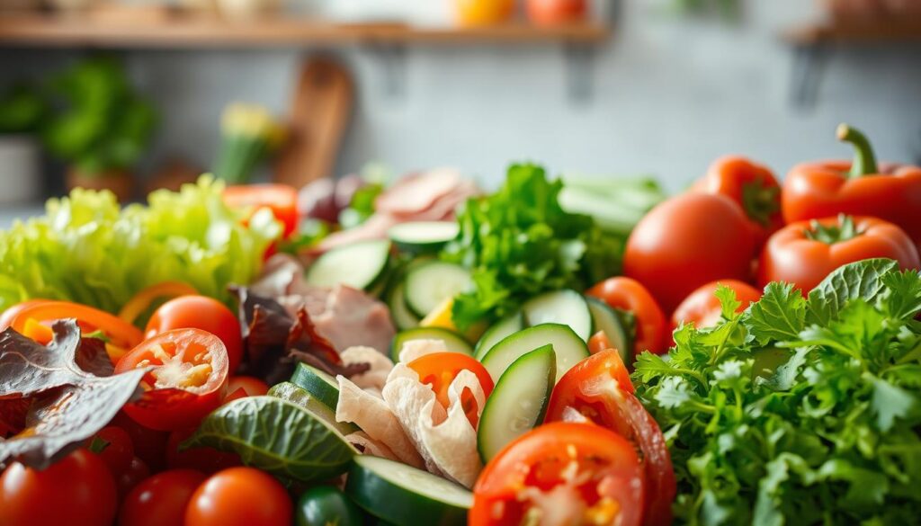 A bountiful display of fresh, vibrant ingredients for crafting delectable subway wraps. In the foreground, an array of crisp vegetables - lettuce, tomatoes, cucumbers, and peppers - artfully arranged. In the middle ground, slices of savory meats and cheeses, each element a tempting building block for a customized wrap. The background reveals a clean, well-lit kitchen counter, lending a sense of culinary preparation and care. Soft, natural lighting illuminates the scene, highlighting the appetizing textures and colors. The overall mood is one of healthful, flavorful possibilities, inviting the viewer to envision the perfect subway wrap creation.