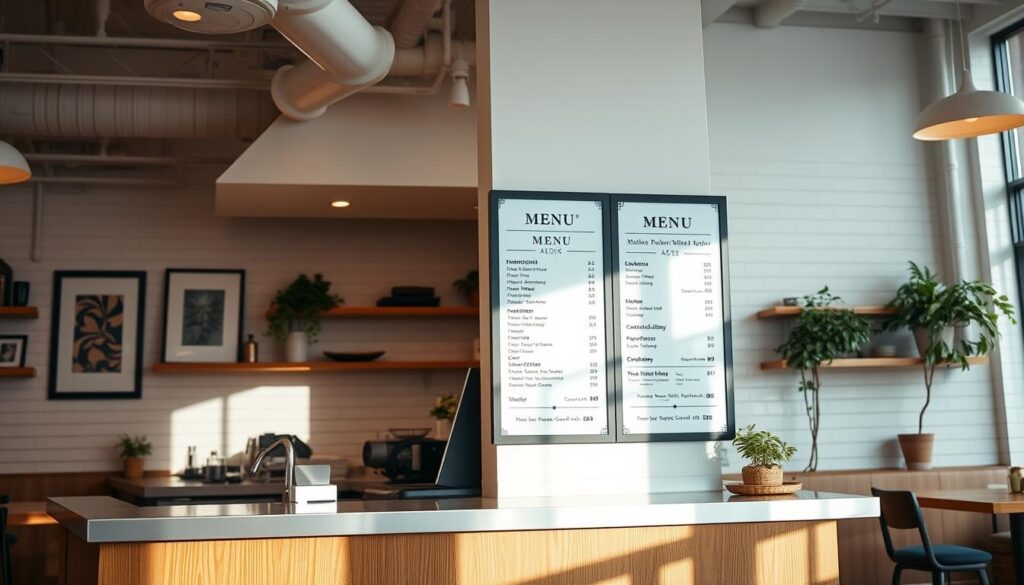 A bright, airy cafe interior with a prominent counter showcasing a clean, modern menu board displaying the 7 Brew Coffee menu and pricing in Naperville. Warm, diffused natural lighting illuminates the scene, creating a welcoming ambiance. The counter is adorned with sleek metallic accents, complementing the neutral tones of the wooden furnishings and white subway tile walls. Framed artwork and greenery add pops of color, while the overall layout emphasizes an open, inviting atmosphere conducive to relaxation and enjoying the cafe's offerings.