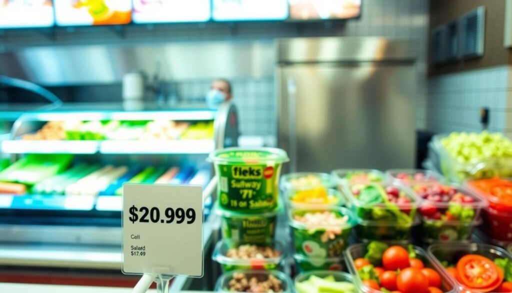 A bright, well-lit deli counter displays an array of fresh, colorful salad ingredients. In the foreground, a price tag prominently showcases the cost of a Subway salad, conveying a sense of value and transparency. The middle ground features a selection of neatly arranged salad containers, inviting the viewer to envision the customizable options available. The background maintains a clean, modern aesthetic, with sleek stainless steel appliances and a tiled backsplash. The overall scene emanates a welcoming, healthy, and cost-conscious atmosphere, reflecting the subject of "Subway Salad Price and Value: What to Expect."