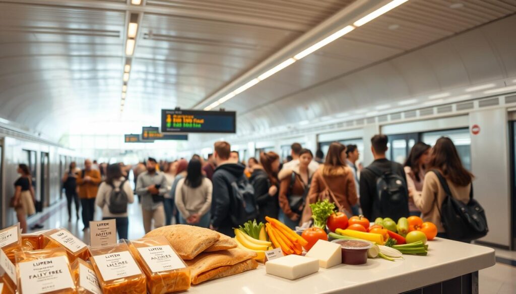 A brightly lit, spacious subway station interior. In the foreground, a selection of allergen-friendly menu items is displayed on a clean, modern countertop - gluten-free breads, dairy-free cheese, and a variety of fresh vegetables. The middle ground features a diverse crowd of commuters, some pausing to peruse the menu options. The background showcases the architectural details of the station, with high ceilings, sleek tiles, and natural light filtering in from large windows. The overall scene conveys a sense of accessibility, health-consciousness, and a welcoming environment for those with dietary restrictions. A brightly lit, spacious subway station interior. In the foreground, a selection of allergen-friendly menu items is displayed on a clean, modern countertop - gluten-free breads, dairy-free cheese, and a variety of fresh vegetables. The middle ground features a diverse crowd of commuters, some pausing to peruse the menu options. The background showcases the architectural details of the station, with high ceilings, sleek tiles, and natural light filtering in from large windows. The overall scene conveys a sense of accessibility, health-consciousness, and a welcoming environment for those with dietary restrictions.