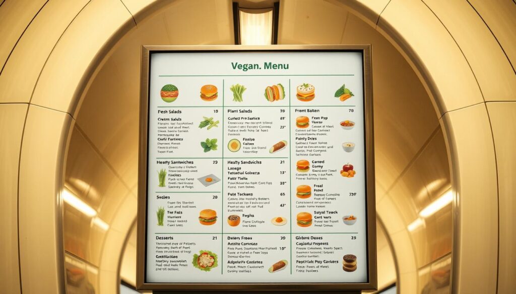 A brightly lit subway station backdrop, showcasing a sleek, modern vegan menu board. The menu features a clean, minimalist design with vibrant icons and descriptions of plant-based offerings, including fresh salads, hearty sandwiches, and delectable desserts. The lighting casts a warm, inviting glow, creating a welcoming atmosphere for health-conscious commuters. The menu is positioned at eye-level, allowing for easy navigation and a focus on the diverse vegan and gluten-free options available. The overall scene conveys a sense of convenience, quality, and a commitment to providing nutritious, ethical choices for on-the-go diners. A brightly lit subway station backdrop, showcasing a sleek, modern vegan menu board. The menu features a clean, minimalist design with vibrant icons and descriptions of plant-based offerings, including fresh salads, hearty sandwiches, and delectable desserts. The lighting casts a warm, inviting glow, creating a welcoming atmosphere for health-conscious commuters. The menu is positioned at eye-level, allowing for easy navigation and a focus on the diverse vegan and gluten-free options available. The overall scene conveys a sense of convenience, quality, and a commitment to providing nutritious, ethical choices for on-the-go diners.