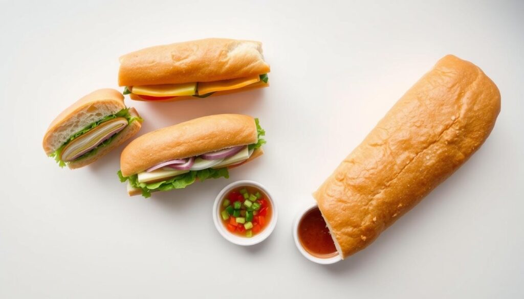 A brightly lit, top-down view of an assortment of Subway sandwich sizes, neatly arranged on a clean, white surface. The foreground features a 6-inch, 12-inch, and footlong Subway sandwich, each cross-sectioned to reveal the fresh ingredients and layered textures. The middle ground showcases a selection of standard Subway toppings and sauces in small dishes, while the background blurs softly, highlighting the clean, minimalist setting. The lighting is soft and natural, accentuating the vibrant colors and textures of the ingredients. The overall composition conveys a sense of order, quality, and the variety of Subway sandwich options.