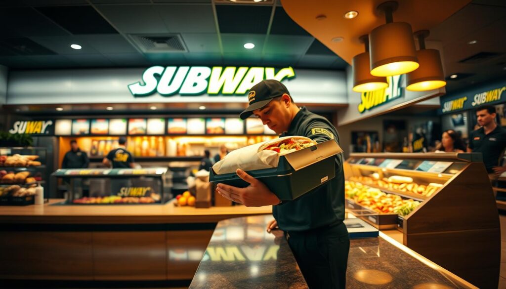 A bustling Subway sandwich shop, the countertop gleaming under warm overhead lighting. In the foreground, a uniformed delivery person carefully places a freshly prepared sub into a food-safe carrier, ready to whisk it off to a hungry customer's door. The middle ground showcases the vibrant array of fresh ingredients lining the display, inviting passersby to customize their own mouthwatering creation. Beyond, the spacious interior is filled with the enticing aromas of baking bread and sizzling meats, creating a welcoming atmosphere. Seen through a wide-angle lens, the scene captures the convenience and culinary delight of Subway's delivery service, catering to the on-the-go lifestyles of American consumers.