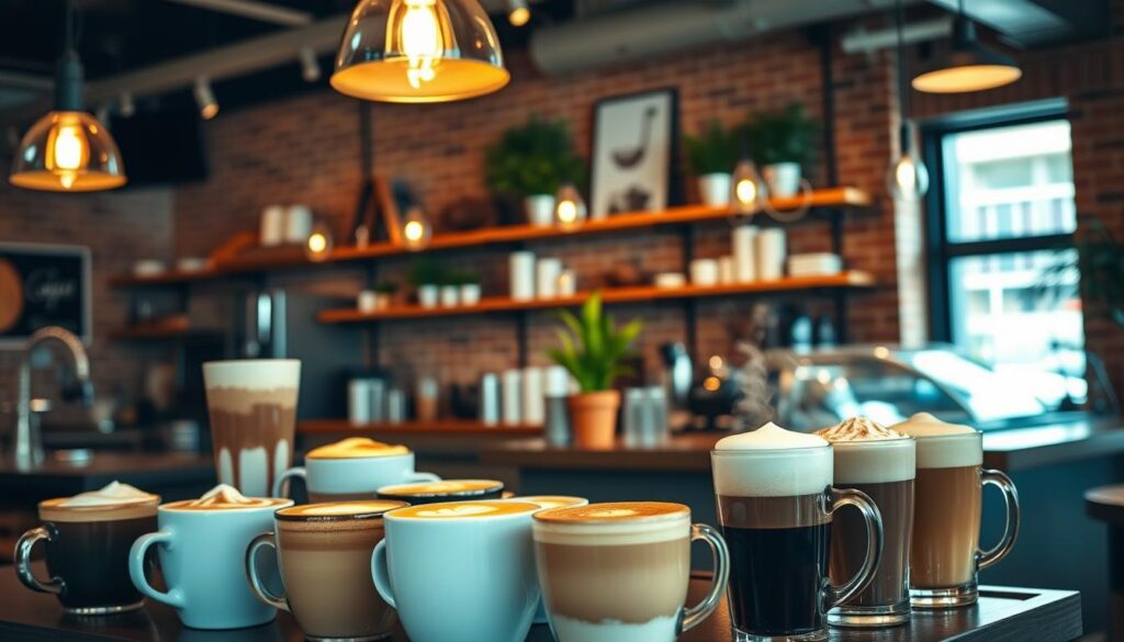 A cozy coffee shop interior, the warm glow of pendant lights illuminating a display of featured specialty drinks. In the foreground, an assortment of inviting beverages, their vibrant colors and intricate latte art drawing the eye. Towering mugs of seasonal lattes, rich hot chocolates, and frothy cappuccinos arranged artfully, their steam rising in the air. In the middle ground, wooden shelves and sleek countertops, creating a sophisticated yet welcoming atmosphere. The background features exposed brick walls and potted plants, adding a touch of rustic charm. A sense of comfort and indulgence permeates the scene, capturing the essence of Parma Heights' thriving cafe culture.