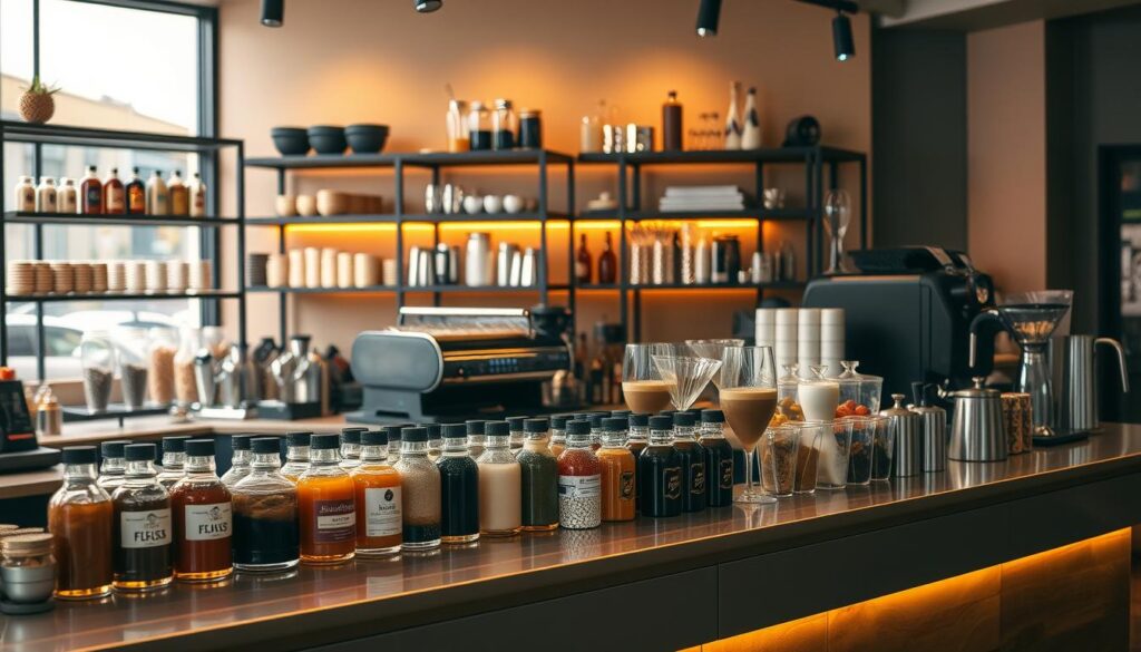A cozy coffee shop interior, with a sleek, modern counter showcasing an array of customizable drink options. The lighting is warm and inviting, casting a soft glow over the scene. On the counter, an assortment of syrups, toppings, and garnishes are neatly arranged, inviting customers to experiment and create their own unique "secret menu" beverages. The background features stylish shelves filled with various brewing equipment, conveying a sense of expertise and craftsmanship. The overall atmosphere is one of creativity and personalization, encouraging customers to explore and discover their perfect brew. A cozy coffee shop interior, with a sleek, modern counter showcasing an array of customizable drink options. The lighting is warm and inviting, casting a soft glow over the scene. On the counter, an assortment of syrups, toppings, and garnishes are neatly arranged, inviting customers to experiment and create their own unique "secret menu" beverages. The background features stylish shelves filled with various brewing equipment, conveying a sense of expertise and craftsmanship. The overall atmosphere is one of creativity and personalization, encouraging customers to explore and discover their perfect brew.