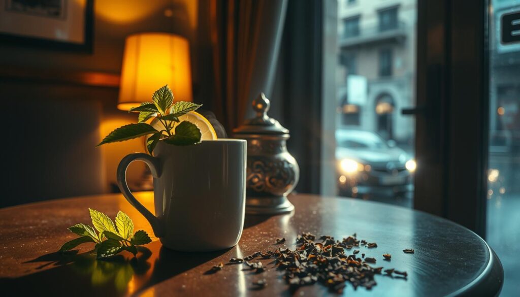 A cozy, dimly-lit cafe interior, with a small table in the foreground displaying a steaming mug of hidden tea. The mug is partially obscured by a sprig of fresh mint and a slice of lemon, casting intriguing shadows. The middle ground features an ornate, antique-style teapot and a handful of dried tea leaves scattered artfully. In the background, a window reveals a rainy urban street scene, adding to the intimate, atmospheric mood. Soft, warm lighting from a nearby lamp creates a hazy, mysterious ambiance, inviting the viewer to discover the secrets of this hidden tea. A cozy, dimly-lit cafe interior, with a small table in the foreground displaying a steaming mug of hidden tea. The mug is partially obscured by a sprig of fresh mint and a slice of lemon, casting intriguing shadows. The middle ground features an ornate, antique-style teapot and a handful of dried tea leaves scattered artfully. In the background, a window reveals a rainy urban street scene, adding to the intimate, atmospheric mood. Soft, warm lighting from a nearby lamp creates a hazy, mysterious ambiance, inviting the viewer to discover the secrets of this hidden tea.