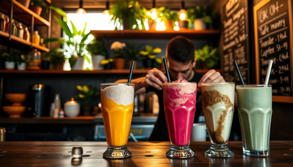 A cozy, dimly lit cafe setting, with a wooden counter and shelves showcasing an array of colorful, artfully-crafted secret smoothies and shakes. In the foreground, glasses filled with swirling, textured blends in vibrant hues - deep berry purple, tropical mango orange, and creamy mint green. A barista's skilled hands carefully assembles each drink, using premium ingredients and creative flavor combinations. The middle ground features a backdrop of lush greenery, potted plants, and soft lighting, creating an intimate, inviting atmosphere. In the background, a chalkboard menu teases additional off-menu specialties, hinting at the cafe's hidden secrets and exclusivity.