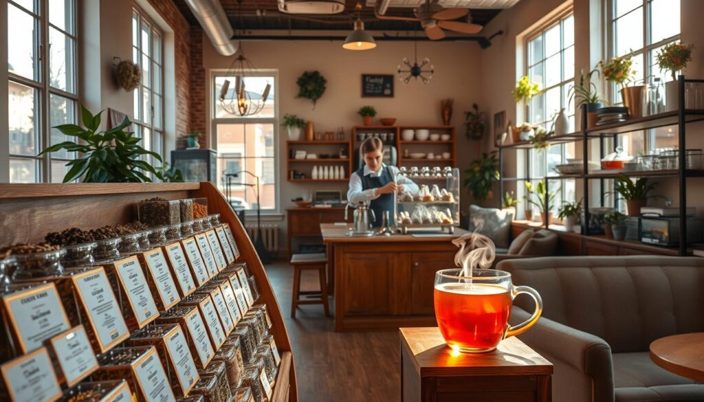 A cozy tea shop in Naperville, Illinois, bathed in warm, natural lighting through large windows. The foreground showcases an elegant display of various tea blends and infusions, their labels prominently displayed. In the middle ground, a wooden counter with a barista preparing a fresh cup of tea, steam gently rising. The background depicts the charming ambiance of the shop, with plush seating, potted plants, and shelves lined with tea-making accessories. An inviting, artisanal atmosphere that captures the essence of Naperville's vibrant tea culture.
