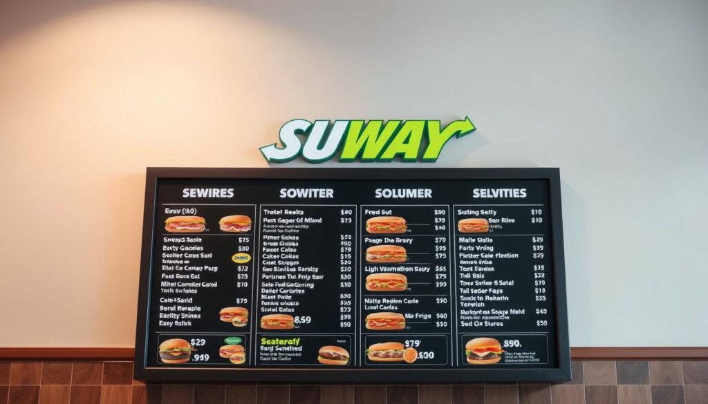 A crisp, well-lit image of a classic Subway sandwich menu board showcased against a clean, modern backdrop. The menu features a variety of popular sub options, with each item's name, price, and brief description presented in a clear, easy-to-read layout. The overall atmosphere exudes a sense of freshness, quality, and approachability, reflecting the brand's commitment to serving delicious, made-to-order sandwiches. Soft, directional lighting illuminates the menu, creating depth and drawing the viewer's eye to the center of the frame. The camera angle is slightly elevated, providing an optimal viewing perspective that highlights the menu's design and visual appeal.