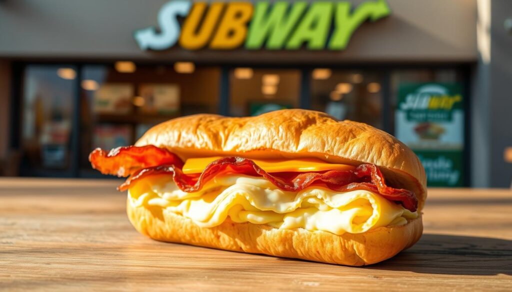 A freshly prepared Subway breakfast sandwich, artfully arranged on a wooden surface. The sandwich features a toasted Subway bread roll, filled with crisp bacon, fluffy scrambled eggs, and melted American cheese. Soft natural lighting casts a warm glow, highlighting the inviting textures and colors. In the background, a blurred Subway storefront is visible, with the iconic logo prominently displayed. The scene conveys a sense of quality, convenience, and the aroma of a made-to-order breakfast, ready to start the day off right. A freshly prepared Subway breakfast sandwich, artfully arranged on a wooden surface. The sandwich features a toasted Subway bread roll, filled with crisp bacon, fluffy scrambled eggs, and melted American cheese. Soft natural lighting casts a warm glow, highlighting the inviting textures and colors. In the background, a blurred Subway storefront is visible, with the iconic logo prominently displayed. The scene conveys a sense of quality, convenience, and the aroma of a made-to-order breakfast, ready to start the day off right.