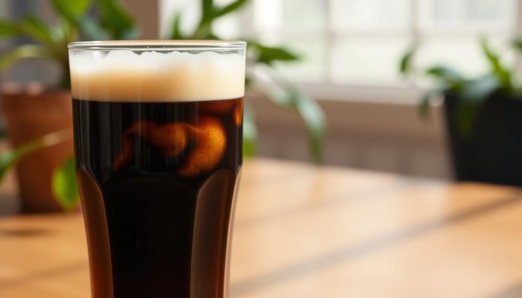 A glass filled with rich, dark cold brew coffee, with a thick layer of creamy, frothy nitro on top. The glass is set against a bright, airy background, with a hint of green foliage and natural light streaming in. The cold brew glistens, its deep, inky color contrasting beautifully with the dense, white nitro foam. The overall scene evokes a sense of refreshment, balance, and a perfect start to the day. The camera angle is slightly elevated, capturing the depth and texture of the layers within the glass, inviting the viewer to take a sip and savor the bold, smooth flavors.