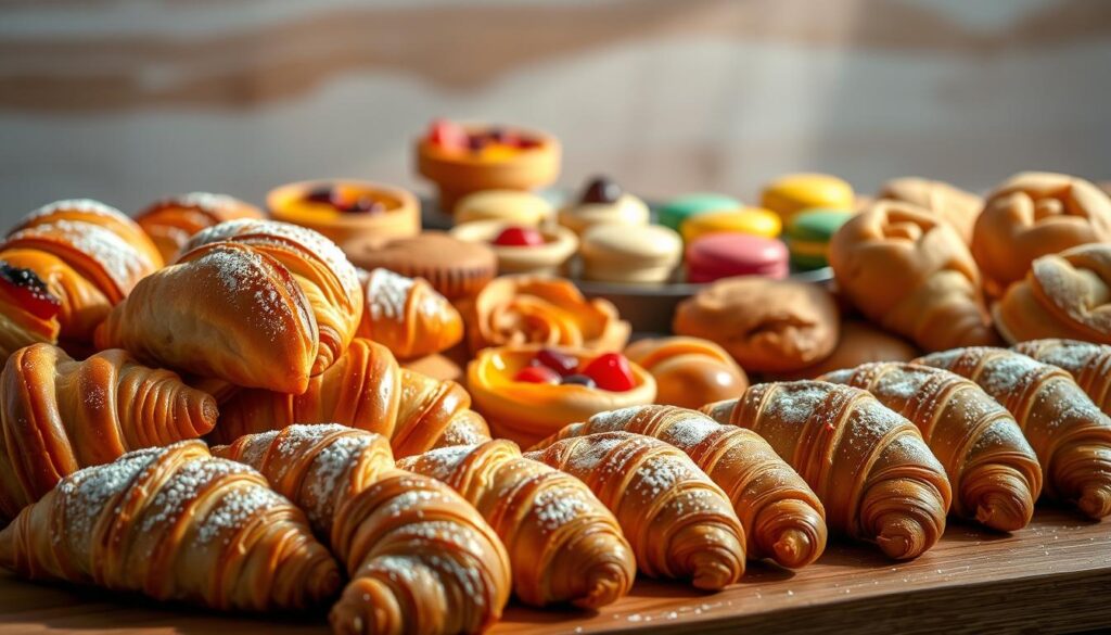 A lush, enticing display of freshly baked pastries, presented on a wooden surface against a softly blurred background. In the foreground, an array of flaky croissants, buttery brioche buns, and delicate danish pastries, each glistening with a golden-brown crust and dusted with powdered sugar. The middle ground showcases a variety of sweet treats, including fruit-filled tarts, buttery scones, and delicate macarons in vibrant colors. Soft, directional lighting casts warm shadows, highlighting the intricate textures and layers of the pastries, creating an inviting and mouthwatering scene. The overall atmosphere is one of indulgence and culinary delight, capturing the essence of the "Snacks & Pastries" section of the article.