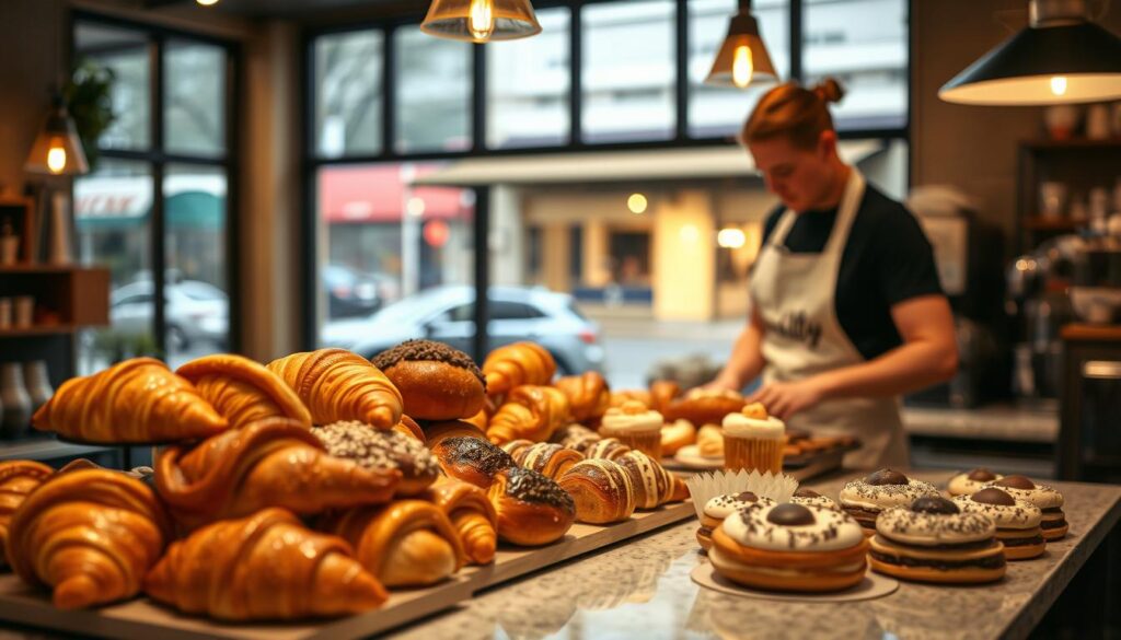 A quaint, well-lit Parma Heights coffee shop, its large windows offering a cozy view of the bustling street outside. On the counter, an array of artfully crafted pastries - flaky croissants, buttery danishes, and decadent chocolate-filled pastries. The lighting casts a warm, golden glow, highlighting the rich colors and textures of the baked goods. A barista in a crisp white apron carefully arranges the pastries, creating an inviting display. The background is blurred, drawing the eye to the tantalizing selection of freshly baked treats. The atmosphere is one of calm sophistication, inviting patrons to linger and savor the perfect pairing of coffee and pastry.
