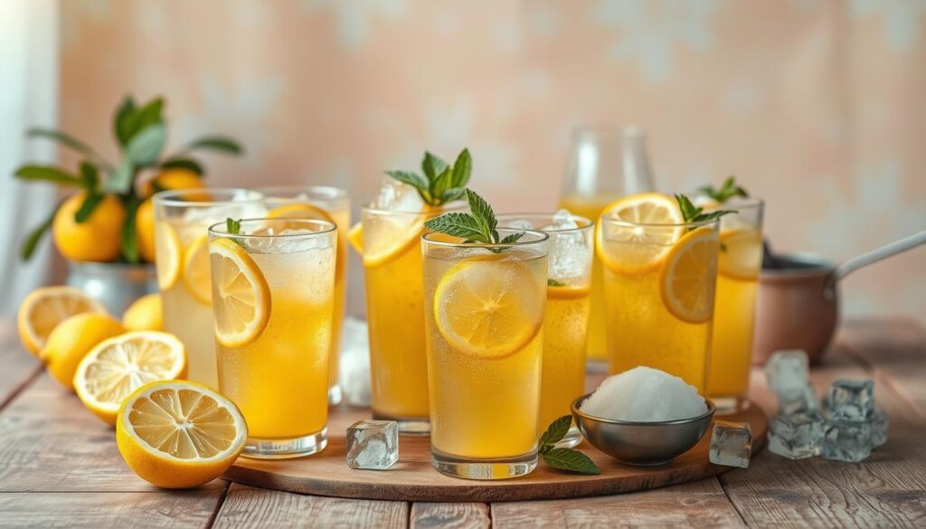 A still life arrangement of vibrant lemonades, their golden hues sparkling under soft, warm lighting. In the foreground, an array of transparent glasses brimming with fizzing, lemon-infused beverages, garnished with fresh lemon slices and sprigs of mint. The middle ground features a rustic wooden table, its surface adorned with the various lemonade ingredients - freshly squeezed lemons, sugar, and ice cubes. In the background, a blurred, pastel-toned backdrop evokes a cozy, summer atmosphere. The composition is balanced, the lighting is natural and inviting, creating an overall sense of refreshment and delight.