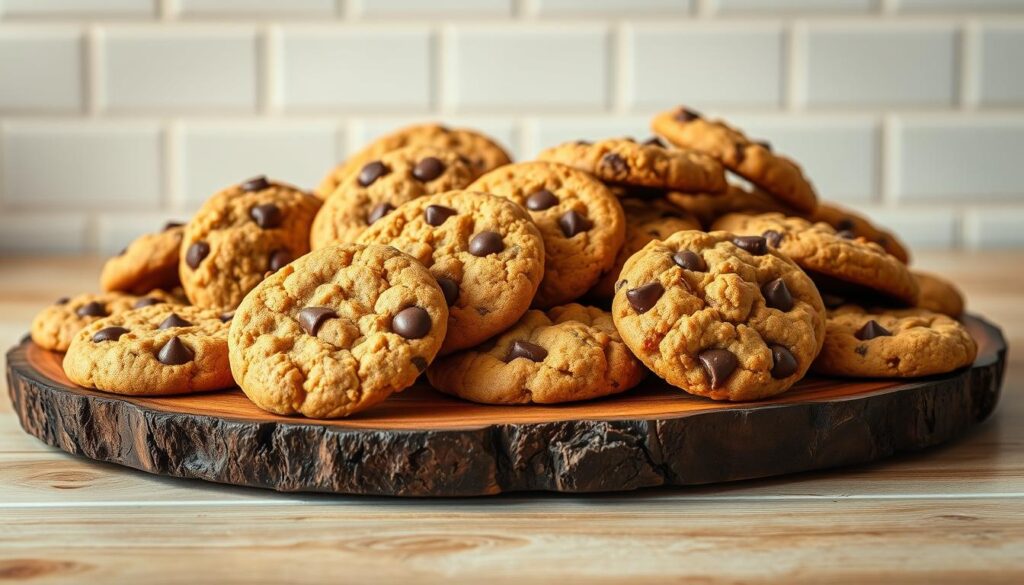 A sumptuous assortment of freshly baked subway-style cookies arranged on a rustic wooden platter, illuminated by warm, soft lighting that casts a cozy, inviting ambiance. The cookies, meticulously crafted with care, showcase a variety of flavors and textures - from classic chocolate chip to tantalizing peanut butter and chewy oatmeal raisin. The platter is set against a backdrop of a clean, minimalist subway tile wall, hinting at the catering-ready setting. The overall scene exudes an air of comforting familiarity and attention to detail, perfectly capturing the essence of a delightful subway-inspired dessert spread.