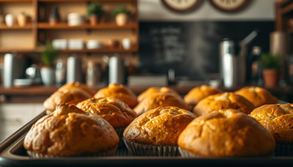 A tray of freshly baked muffin tops, their golden-brown crusts glistening under the warm, soft lighting of a cozy bakery. The muffin tops are arranged artfully, their plump, rounded shapes hinting at the tender crumb within. The background is a softly blurred scene of a cafe counter, with hints of wooden shelves and the occasional glimpse of a potted plant or barista's apron. The overall mood is one of inviting comfort, a perfect accompaniment to a steaming cup of coffee.