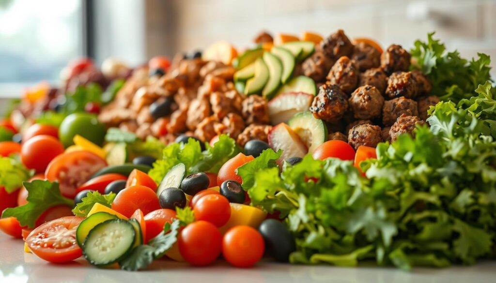 A vibrant array of fresh and colorful toppings spilling out from the frame, artfully arranged on a clean, well-lit countertop. In the foreground, an assortment of crisp vegetables - juicy tomatoes, crunchy cucumbers, leafy greens, and tangy olives - cascade across the surface. In the middle ground, a variety of savory additions like juicy grilled chicken, sizzling meatballs, and creamy avocado slices create a tempting layer of texture and flavor. The background is softly blurred, keeping the focus on the main toppings and conveying a sense of a well-stocked Subway salad bar. Warm, natural lighting casts a pleasant glow over the scene, highlighting the vibrant colors and fresh appeal of these customizable salad toppings.