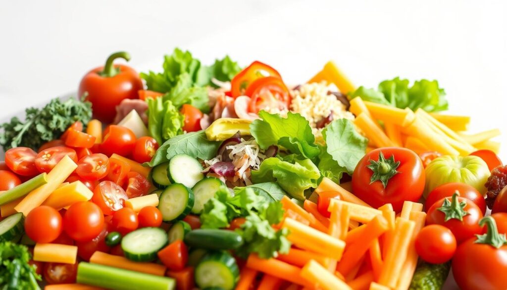 A vibrant array of fresh subway salad toppings artfully arranged against a crisp white backdrop, bathed in soft, natural lighting. In the foreground, an assortment of crunchy vegetables - juicy tomatoes, crisp cucumbers, and colorful bell peppers - create a visually appealing tableau. The middle ground features tender leafy greens, savory meats, and creamy cheese, inviting the viewer to envision a customizable salad masterpiece. In the background, a subtle gradient transitions to a clean, minimalist setting, allowing the fresh ingredients to take center stage. The overall composition conveys a sense of health, freshness, and culinary potential, perfectly capturing the essence of the "Top Subway Salad Toppings and Dressings to Try" section.