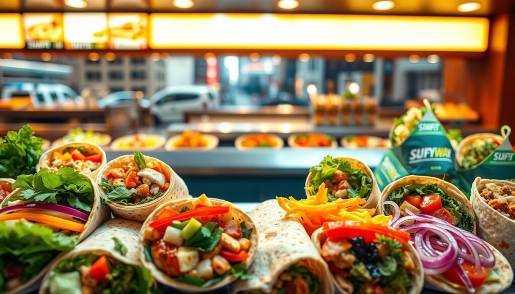 A vibrant display of customizable subway wraps, each with a unique blend of fresh ingredients. In the foreground, an array of wraps showcases various fillings and toppings - crisp vegetables, savory proteins, and tantalizing sauces. The middle ground features a sleek, modern subway counter, its surface gleaming under warm, directional lighting. In the background, a blurred cityscape sets the urban scene, hinting at the bustling environment where these customizable delights are served. The overall atmosphere conveys a sense of culinary creativity and customer choice, inviting the viewer to imagine the endless flavor possibilities.