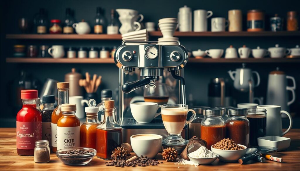 A vibrant still life showcasing an array of coffee customization tools and ingredients. In the foreground, various syrups, spices, and sweeteners are neatly arranged, inviting the viewer to explore creative flavor combinations. The middle ground features a sleek, stainless steel espresso machine, its steam wand poised and ready to craft latte art. In the background, an assortment of mugs, cups, and brewing apparatuses hint at the endless possibilities for personalization. Soft, warm lighting casts an inviting glow, evoking a cozy, cafe-inspired ambiance. The overall composition exudes a sense of playful experimentation, inspiring the viewer to unleash their inner barista and unlock new taste sensations.