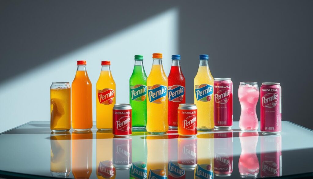 A visually striking still life featuring an assortment of 7 fizzy, carbonated beverage flavors. Centered on a reflective glass tabletop, the bottles and cans are arranged in an elegant, symmetrical composition, casting soft shadows. The bottles have a range of vibrant, eye-catching labels in a variety of colors - red, orange, yellow, green, blue, purple, and pink - representing the diverse flavor offerings. Soft, directional lighting from the side creates highlights and shadows, adding depth and dimension to the scene. The overall mood is one of refreshment and thirst-quenching delight, inviting the viewer to imagine the satisfying fizz and flavors of these enticing beverages.