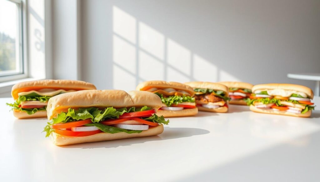 A well-lit, appetizing display of low-calorie Subway sandwich options, arranged neatly on a clean, white tabletop. In the foreground, a variety of veggie-filled subs with lean proteins, such as turkey or grilled chicken, accompanied by fresh greens, tomatoes, and low-fat condiments. The middle ground features a selection of 6-inch subs, each portion-controlled and labeled with their respective calorie counts. In the background, a crisp, minimalist setting with natural lighting, conveying a sense of health, wellness, and balanced nutrition. The overall atmosphere is inviting, informative, and inspiring, showcasing Subway's commitment to providing satisfying, low-calorie meal choices for weight-conscious consumers.