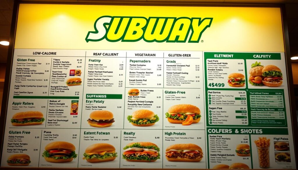 A well-lit display of a Subway restaurant menu, showcasing a variety of healthy meal options. The menu features a clean, minimalist design with high-contrast typography, highlighting categories such as "Low-Calorie", "Vegetarian", "Gluten-Free", and "High-Protein". Neatly arranged menu items are rendered in vivid detail, their ingredients and nutritional information clearly visible. The lighting is warm and inviting, creating a sense of freshness and approachability. The camera angle is slightly elevated, providing a comprehensive view of the entire menu layout. The background is blurred, keeping the focus on the menu itself, which is the central subject of the image.