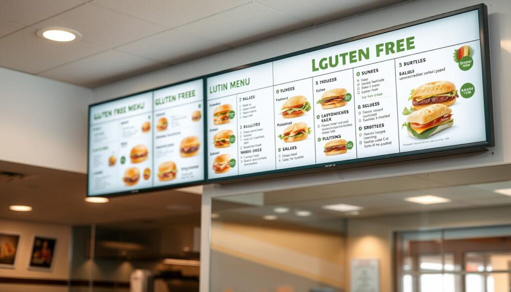 A well-lit, high-resolution photograph of a subway restaurant's gluten-free menu board. The menu board is displayed prominently on the wall, showcasing various gluten-free sandwich and salad options. The foreground features a clean, minimalist design with clear font and contrasting colors to make the menu easily readable. The middle ground shows the subway restaurant's interior, with neutral-toned decor and lighting that creates a warm, inviting atmosphere. The background subtly blurs to focus attention on the menu board. The overall image conveys a sense of health-consciousness, attention to dietary needs, and the subway restaurant's commitment to providing safe and delicious gluten-free options. A well-lit, high-resolution photograph of a subway restaurant's gluten-free menu board. The menu board is displayed prominently on the wall, showcasing various gluten-free sandwich and salad options. The foreground features a clean, minimalist design with clear font and contrasting colors to make the menu easily readable. The middle ground shows the subway restaurant's interior, with neutral-toned decor and lighting that creates a warm, inviting atmosphere. The background subtly blurs to focus attention on the menu board. The overall image conveys a sense of health-consciousness, attention to dietary needs, and the subway restaurant's commitment to providing safe and delicious gluten-free options.