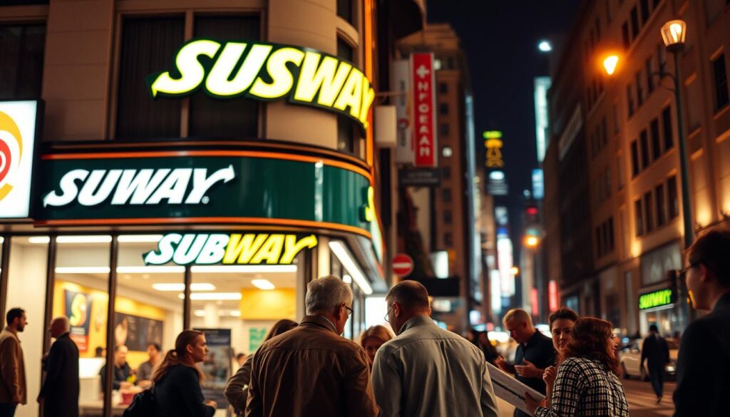 A well-lit street corner in a bustling city, a Subway restaurant prominently displayed with its iconic signage. In the foreground, a group of people are gathered, examining a menu and discussing catering options for an upcoming event. The scene is captured from an angle that showcases the restaurant's exterior and the surrounding urban environment, creating a sense of place and context. The lighting is warm and inviting, casting a soft glow on the scene, and the camera's depth of field emphasizes the focus on the catering discussion in the foreground. The overall atmosphere conveys the convenience and accessibility of Subway catering for local events.