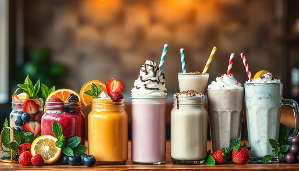 An artful arrangement of vibrant smoothies and indulgent milkshakes set against a softly blurred background. In the foreground, a collection of creamy, fruit-forward blends in glass jars, garnished with fresh berries, sliced citrus, and lush greenery. The middle ground features a row of tall, frothy milkshakes crowned with whipped cream, chocolate drizzle, and playful toppings. Warm, diffused lighting casts a cozy glow, creating a welcoming, cafe-style ambiance. The image conveys a sense of refreshment and indulgence, perfectly capturing the essence of the "Smoothies and Shakes" section.
