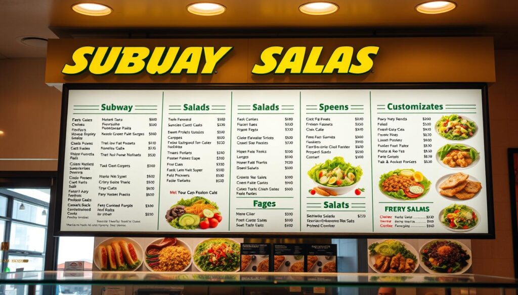 An elegantly designed subway salads menu board, showcased in a bright and airy deli setting. The menu features a variety of fresh, customizable salad options arranged in a clean, minimalist layout. Crisp lettering and eye-catching imagery highlight the nutritious ingredients, from leafy greens to protein-packed toppings. Warm lighting casts a soft glow, creating an inviting atmosphere. The scene is captured from a slightly elevated angle, emphasizing the menu's prominence and the overall sense of a healthful, appealing dining experience. An elegantly designed subway salads menu board, showcased in a bright and airy deli setting. The menu features a variety of fresh, customizable salad options arranged in a clean, minimalist layout. Crisp lettering and eye-catching imagery highlight the nutritious ingredients, from leafy greens to protein-packed toppings. Warm lighting casts a soft glow, creating an inviting atmosphere. The scene is captured from a slightly elevated angle, emphasizing the menu's prominence and the overall sense of a healthful, appealing dining experience.